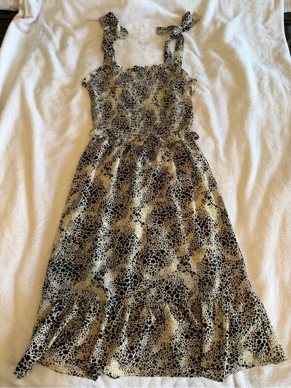 Smocked Leopard Print Tie-Strap Midi Dress in Beige and Black